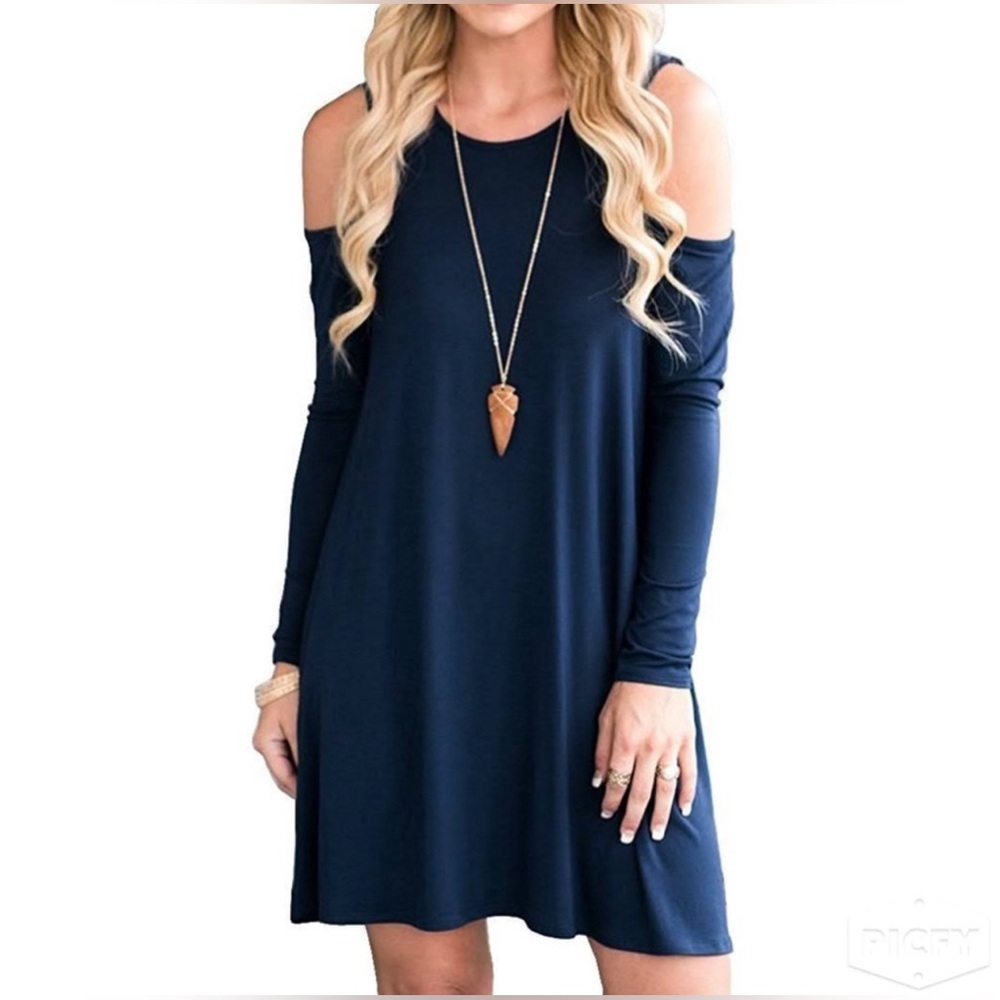 ⭐️ Haomeili blue cold shoulder long sleeves tunic mini dress women S